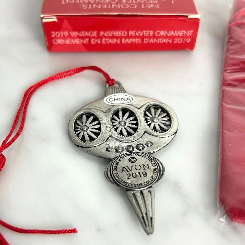 Avon 2019 Vintage Inspired Pewter Christmas Ornament Red Tassel Rhinestones Box